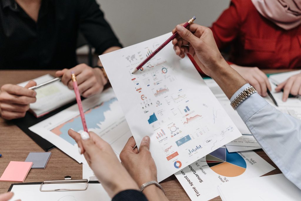 Corporate team collaborating around a table